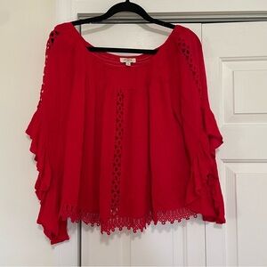 Umgee Red Smocked Winged Sleeve Eyelet Cropped Blouse Size Medium